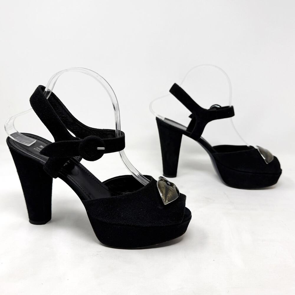 [Sonia Rykiel] Black Gold Lips Suede Leather Open Toe Platform Heels Sz 38 US 8